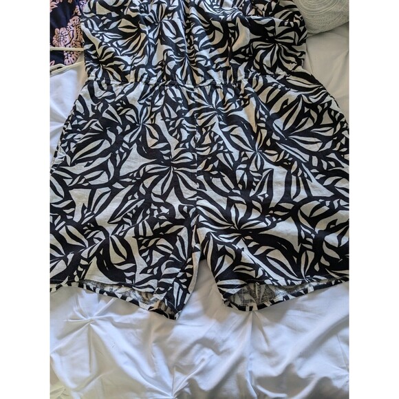 J Jason Wu Romper Women's sz 2X Linen Blend Black White Hawaiian Botanical Zip - Picture 11 of 16
